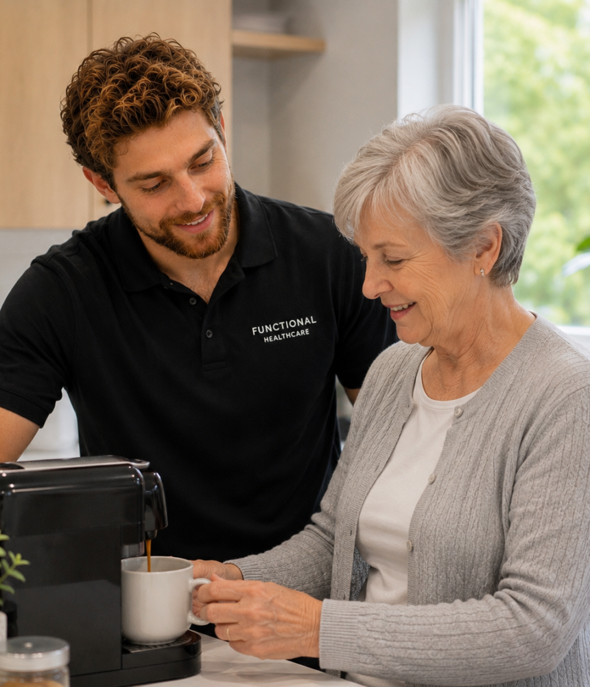 Nic Burton, occupational therapist at FunctionALL Healthcare, supporting an elderly client with daily living activities during an ongoing therapy session.