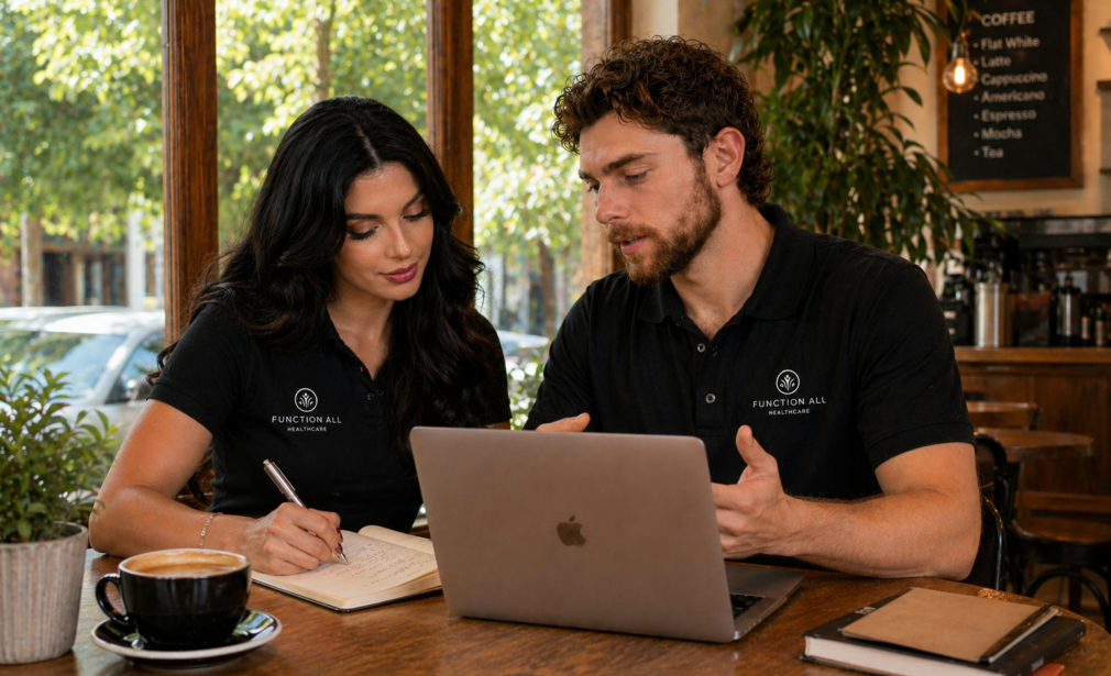 Nic Burton and Stella Barker, occupational therapists and co-founders of FunctionALL Healthcare, working together on client care.