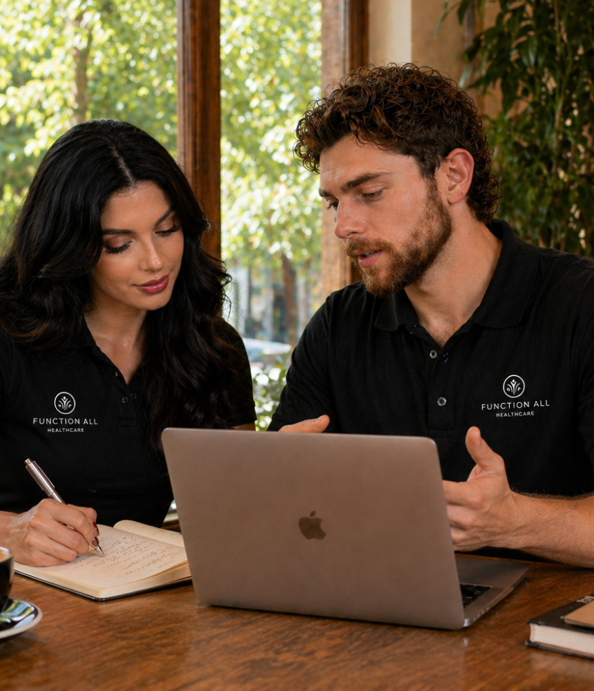 Nic Burton and Stella Barker, occupational therapists and co-founders of FunctionALL Healthcare, working together on client care.