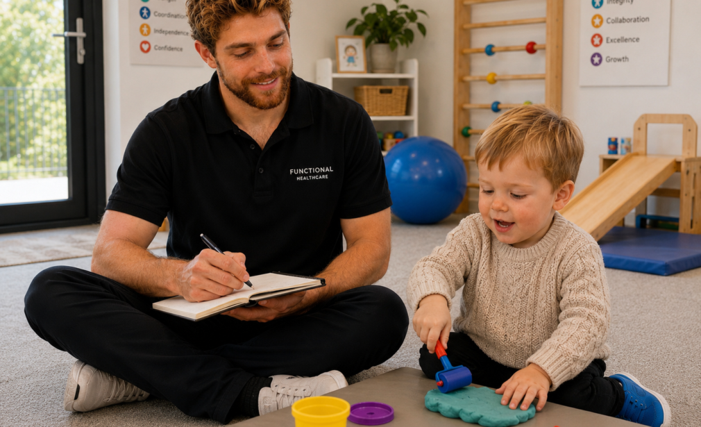 Nic Burton, occupational therapist at FunctionALL Healthcare, working with a young patient during a paediatric OT session.