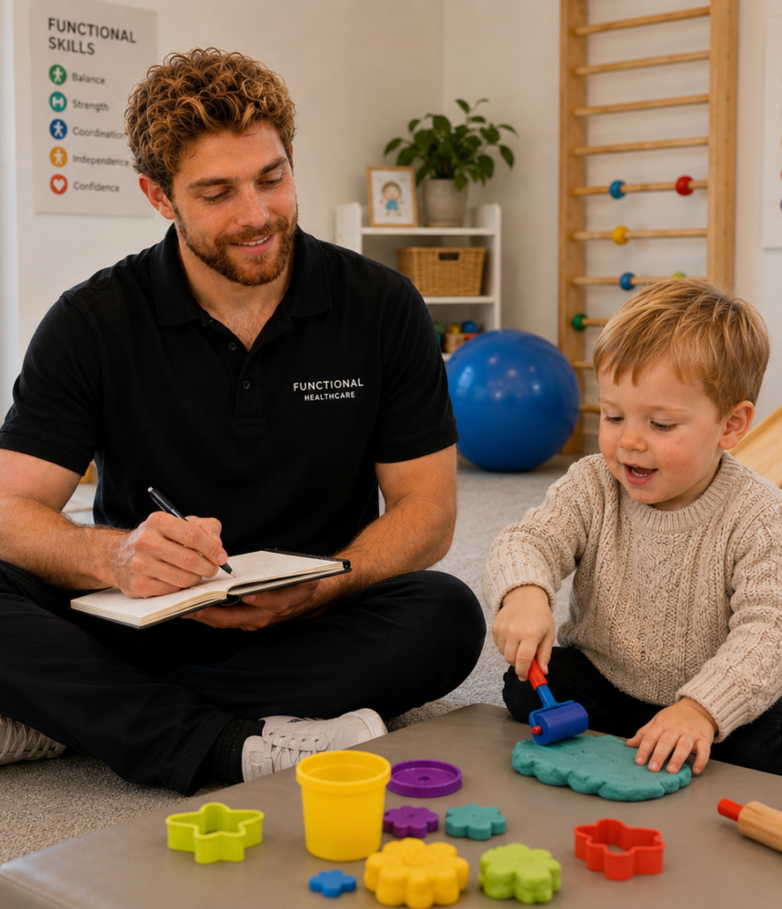 Nic Burton, occupational therapist at FunctionALL Healthcare, working with a young patient during a paediatric OT session.
